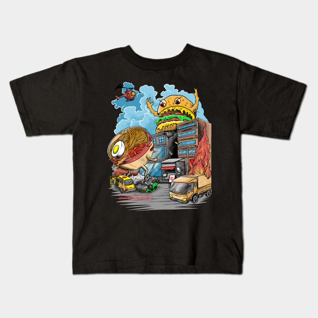 ramen vs hamburger Kids T-Shirt by polkadothero